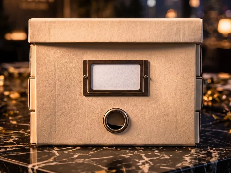 Caja de archivo cerrada sobre la mesa.