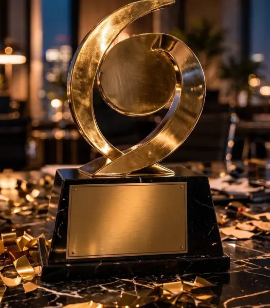 Trofeo dorado sobre una base negra con una placa.